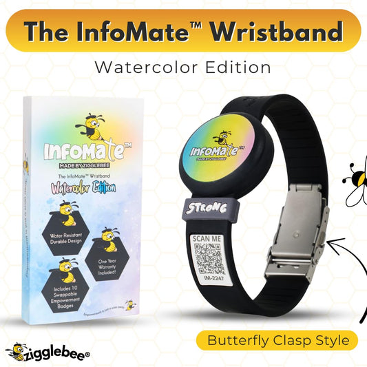 InfoMate Wristband - Watercolor Edition - Butterfly Clasp - Water Resistant, Hypoallergenic, No Charging Required – Bluetooth Tracker Not Included