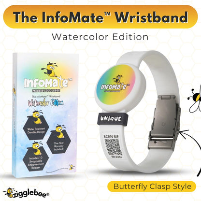 InfoMate Wristband - Watercolor Edition - Butterfly Clasp - Water Resistant, Hypoallergenic, No Charging Required – Bluetooth Tracker Not Included