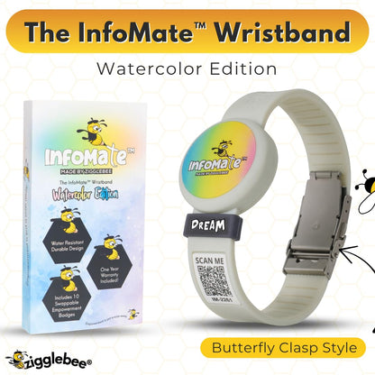 InfoMate Wristband - Watercolor Edition - Butterfly Clasp - Water Resistant, Hypoallergenic, No Charging Required – Bluetooth Tracker Not Included