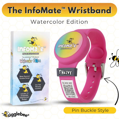 InfoMate Wristband - Watercolor Edition - Pin Buckle - Water Resistant, Hypoallergenic, No Charging Required – Bluetooth Tracker Not Included